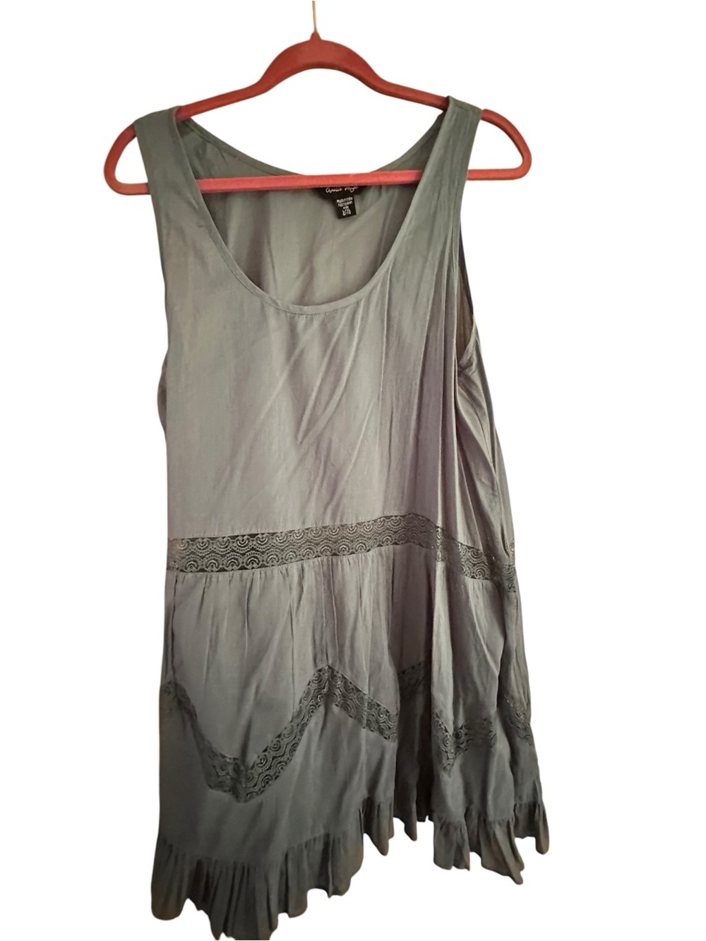 Gray Scoop Neck Sleeveless Tunic with Lace Trim. Whisper weight